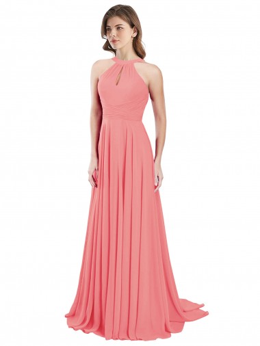 Site de Comprimento Chão Sem Mangas Chiffon Melancia Linha A Sem Mangas Cabeçada Vestidos de Madrinha