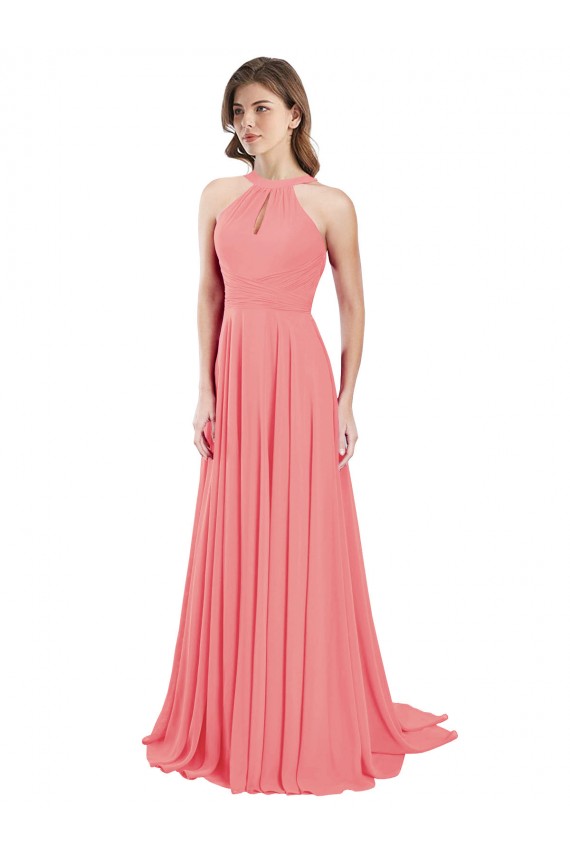 Site de Comprimento Chão Sem Mangas Chiffon Melancia Linha A Sem Mangas Cabeçada Vestidos de Madrinha