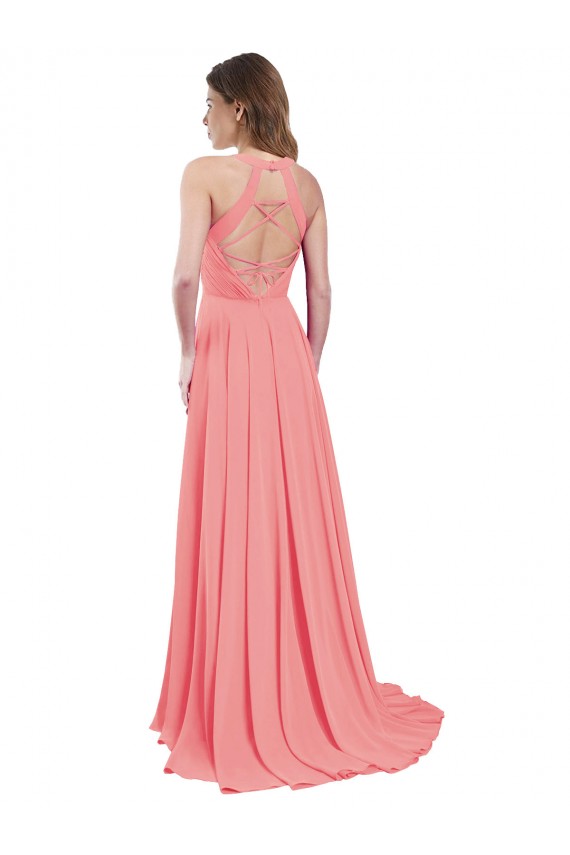 Site de Comprimento Chão Sem Mangas Chiffon Melancia Linha A Sem Mangas Cabeçada Vestidos de Madrinha