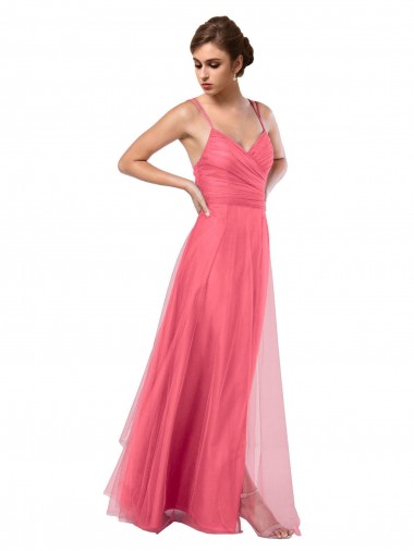 Site de Comprimento Chão Sem Mangas Tule Melancia Linha A Vestido de Madrinha
