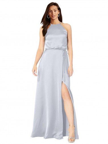 Site de Comprimento Chão Sem Mangas Cetim Sedoso Nevoeiro Linha A Vestidos de Madrinha / Vestidos de Noite