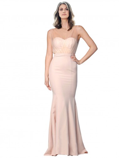 Site de Comprimento Chão Sem Mangas Crepe Esticado & Tule Nu Bainha Vestidos de Madrinha / Vestidos de Noite / Vestidos de Festa