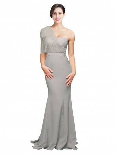 Site de Comboio Varredela Sem Mangas Crepe Esticado & Tule Ostra Prata Sereia Vestidos de Madrinha / Vestidos de Noite / Vestidos de Festa