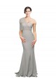 Site de Comboio Varredela Sem Mangas Crepe Esticado & Tule Ostra Prata Sereia Vestidos de Madrinha / Vestidos de Noite / Vestidos de Festa