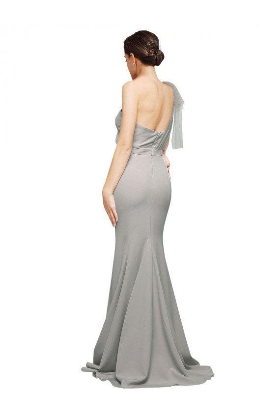 Site de Comboio Varredela Sem Mangas Crepe Esticado & Tule Ostra Prata Sereia Vestidos de Madrinha / Vestidos de Noite / Vestidos de Festa