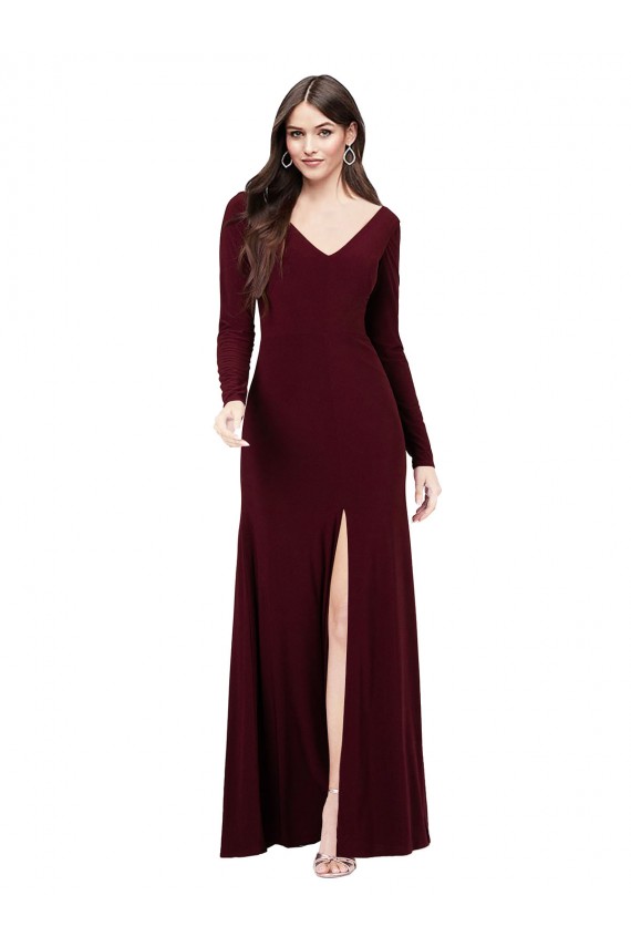 Site de Comprimento Chão Mangas Compridas Spandex Ouro Borgonha Bainha Vestidos de Madrinha / Vestidos de Festa
