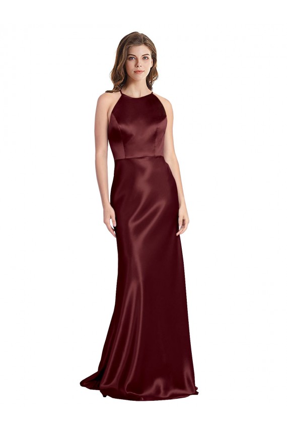 Site de Comprimento Chão Sem Mangas Cetim Elástico Ouro Borgonha Linha A Vestidos de Madrinha / Vestidos de Noite / Vestidos de Festa