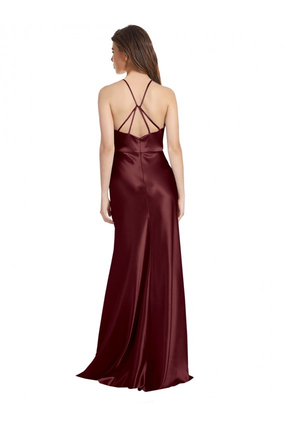 Site de Comprimento Chão Sem Mangas Cetim Elástico Ouro Borgonha Linha A Vestidos de Madrinha / Vestidos de Noite / Vestidos de Festa