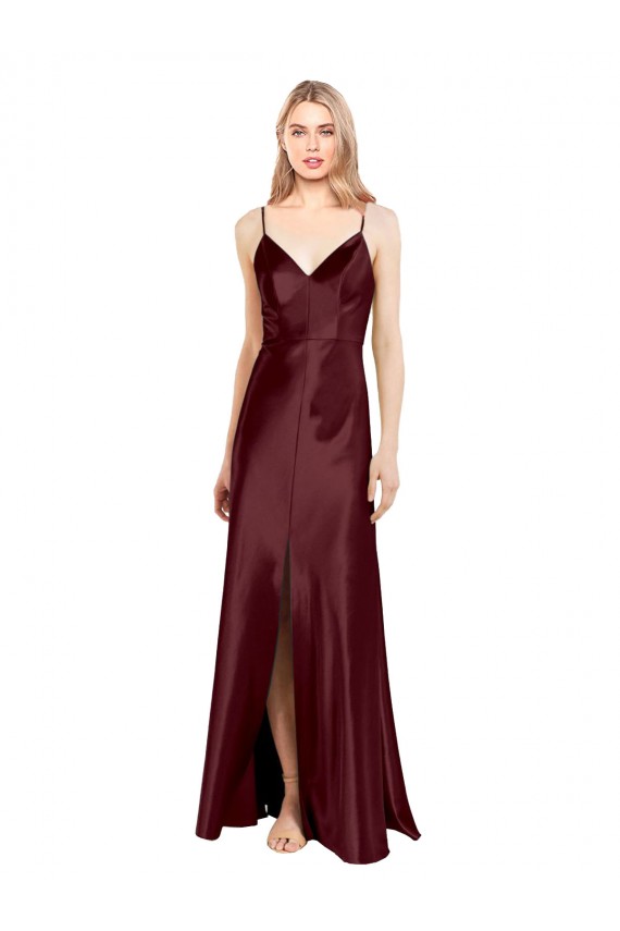 Site de Comprimento Chão Sem Mangas Cetim Elástico Ouro Borgonha Linha A Sem Mangas Alças finas Vestidos de Madrinha / Vestidos de Noite / Vestidos de Festa