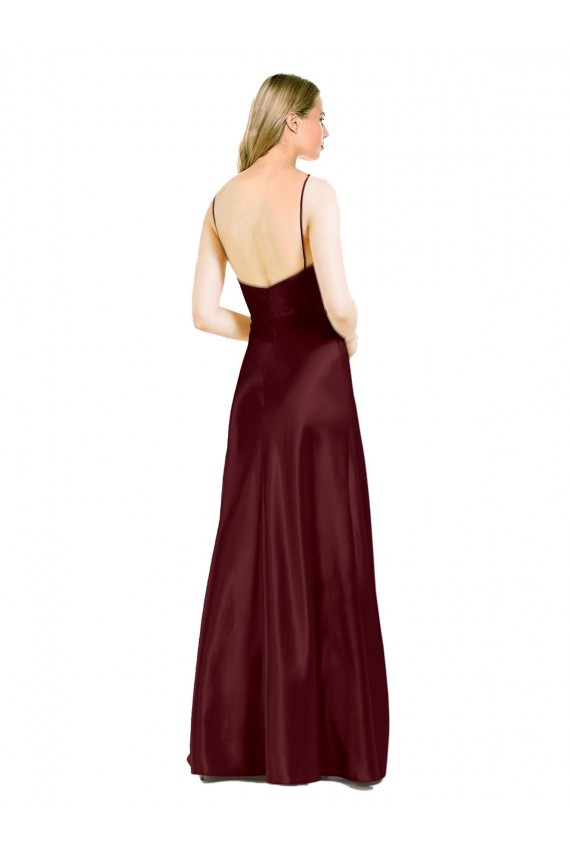 Site de Comprimento Chão Sem Mangas Cetim Elástico Ouro Borgonha Linha A Sem Mangas Alças finas Vestidos de Madrinha / Vestidos de Noite / Vestidos de Festa