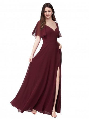 Site de Comprimento Chão Mangas Esvoaçantes, Mangas Curtas Chiffon Ouro Borgonha Linha A Vestidos de Madrinha