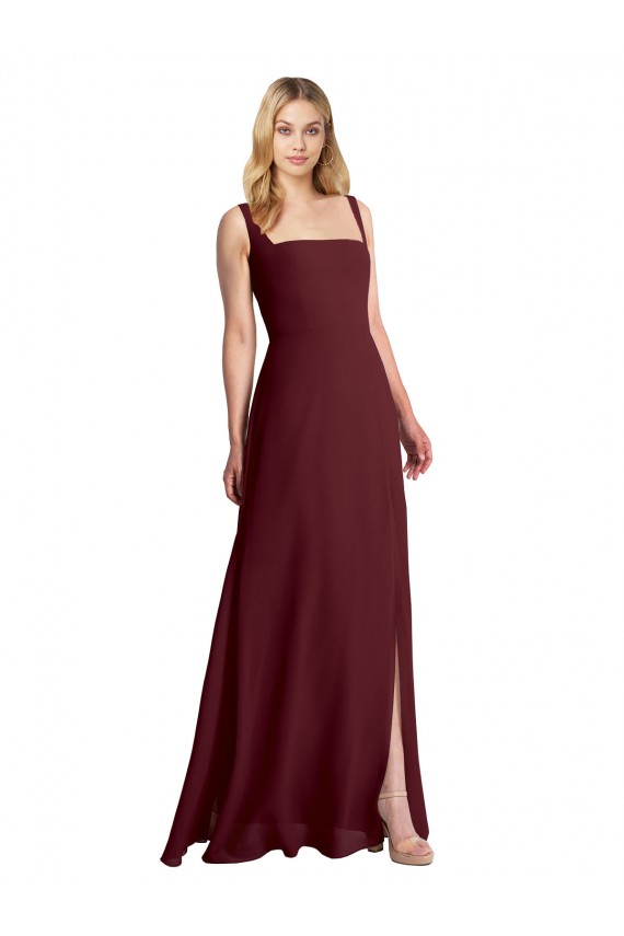 Site de Comprimento Chão Sem Mangas Chiffon Ouro Borgonha Linha A Sem Mangas Decote Quadrado Vestidos de Madrinha