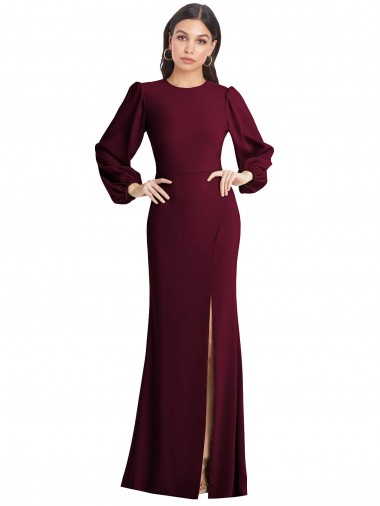 Site de Comprimento Chão Mangas Bufantes Crepe Esticado Ouro Borgonha Trombeta Vestidos de Madrinha / Vestidos de Noite / Vestidos de Festa