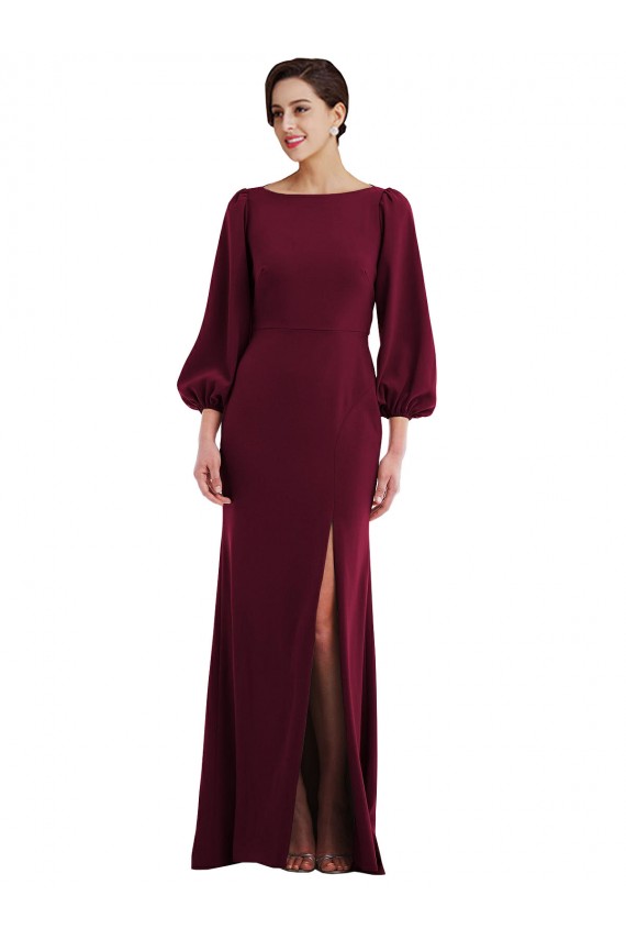 Site de Comprimento Chão Mangas Compridas, Mangas Bispo Crepe Esticado Ouro Borgonha Trombeta Vestidos de Madrinha / Vestidos de Noite / Vestidos de Festa