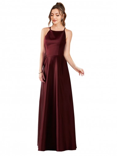 Site de Comprimento Chão Sem Mangas Cetim Ouro Borgonha Linha A Vestidos de Madrinha / Vestidos de Festa