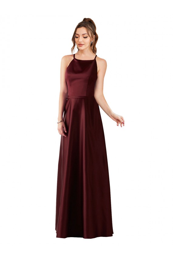 Site de Comprimento Chão Sem Mangas Cetim Ouro Borgonha Linha A Vestidos de Madrinha / Vestidos de Festa