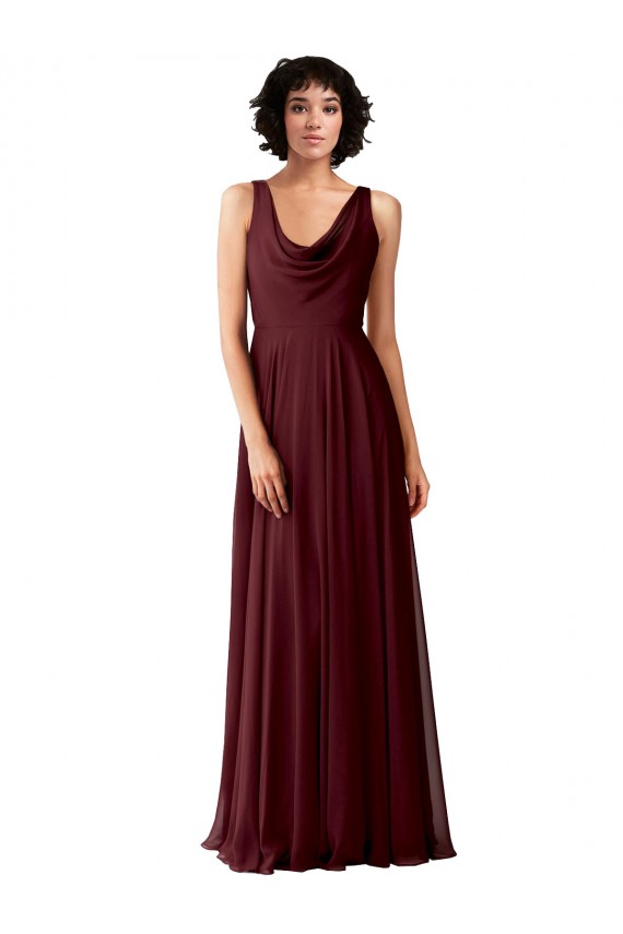 Site de Comprimento Chão Sem Mangas Chiffon Ouro Borgonha Linha A Sem Mangas Decote Capuz Vestidos de Madrinha