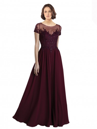 Site de Comprimento Chão Mangas Curtas Tule & Chiffon Ouro Borgonha Linha A Vestidos de Madrinha