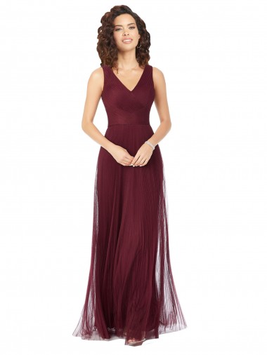Site de Comprimento Chão Sem Mangas Tule Ouro Borgonha Linha A Vestidos de Madrinha