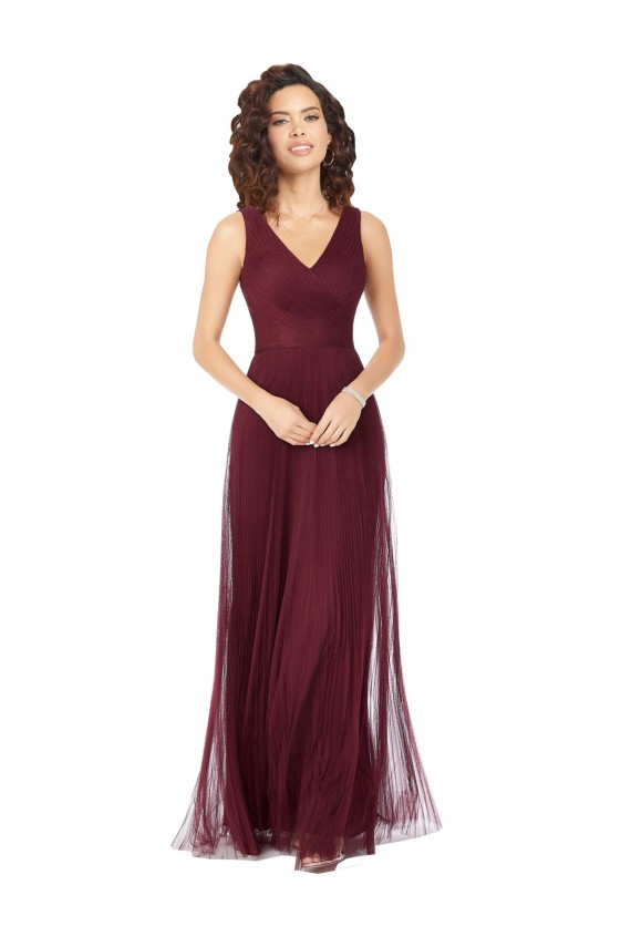 Site de Comprimento Chão Sem Mangas Tule Ouro Borgonha Linha A Vestidos de Madrinha