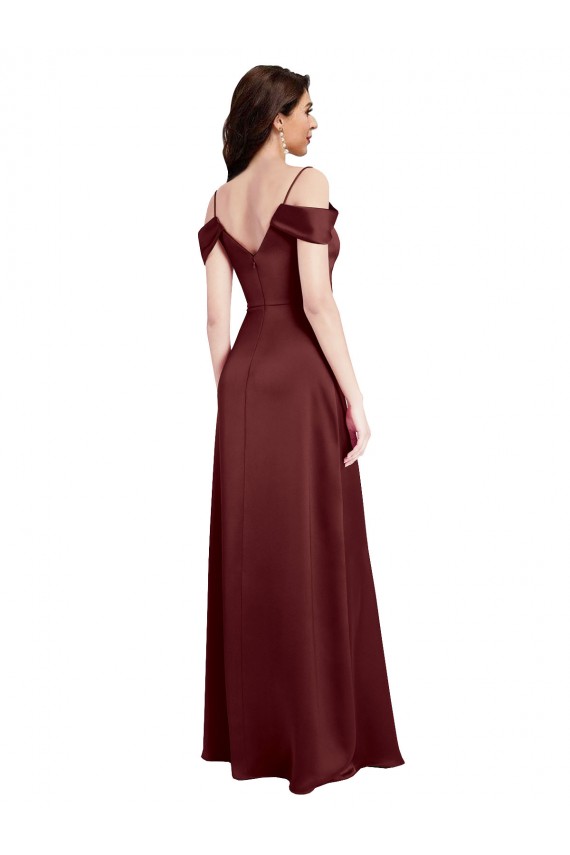 Site de Comprimento Chão Sem Mangas Cetim Elástico Ouro Borgonha Linha A Sem Mangas Fora do Ombro Vestidos de Madrinha / Vestidos de Noite / Vestidos de Festa