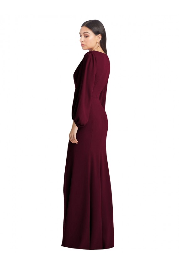 Site de Comprimento Chão Mangas Bufantes Crepe Esticado Ouro Borgonha Trombeta Vestidos de Madrinha / Vestidos de Festa