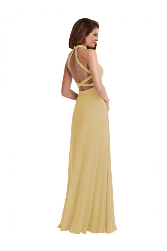 Site de Comprimento Chão Sem Mangas Chiffon Ouro Linha A Vestidos de Madrinha