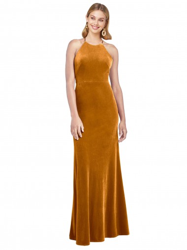 Site de Comprimento Chão Sem Mangas Veludo Elástico Ouro Linha A Sem Mangas Vestidos de Madrinha / Vestidos de Noite / Vestidos de Festa