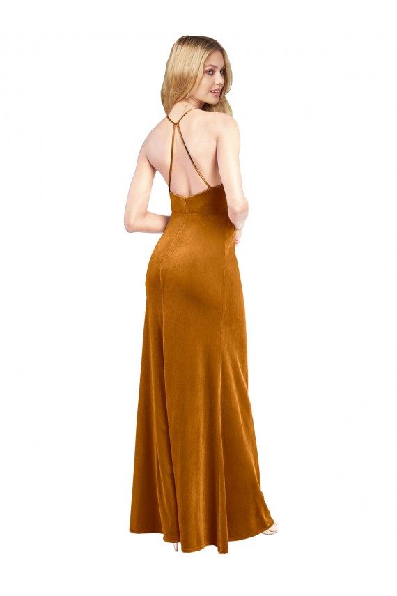 Site de Comprimento Chão Sem Mangas Veludo Elástico Ouro Linha A Sem Mangas Vestidos de Madrinha / Vestidos de Noite / Vestidos de Festa