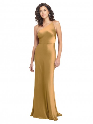 Site de Comprimento Chão Sem Mangas Cetim Elástico Ouro Linha A Vestidos de Madrinha / Vestidos de Noite / Vestidos de Festa
