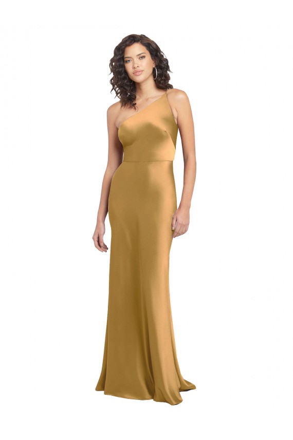 Site de Comprimento Chão Sem Mangas Cetim Elástico Ouro Linha A Vestidos de Madrinha / Vestidos de Noite / Vestidos de Festa