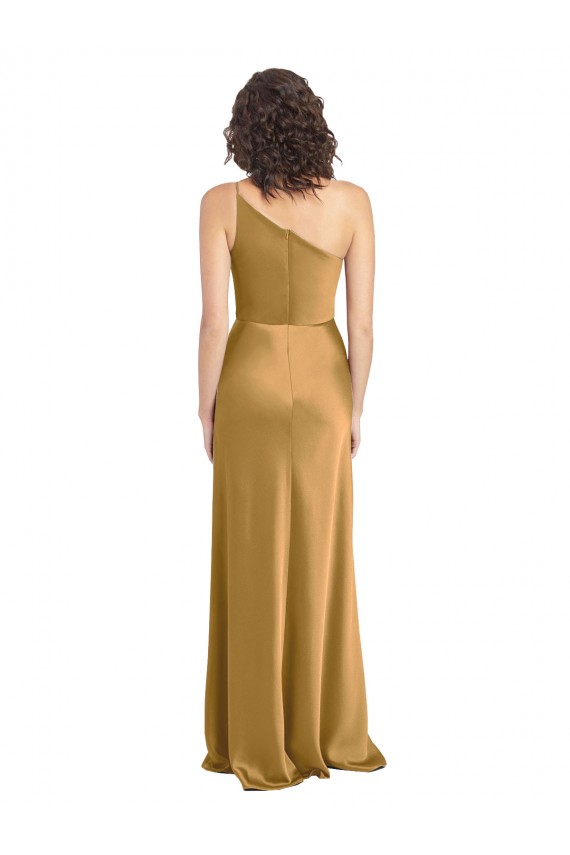 Site de Comprimento Chão Sem Mangas Cetim Elástico Ouro Linha A Vestidos de Madrinha / Vestidos de Noite / Vestidos de Festa