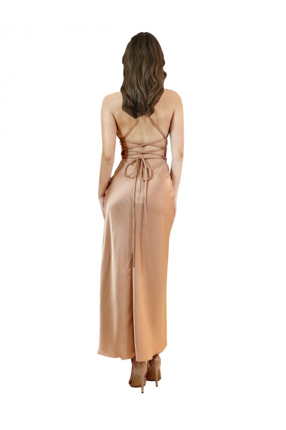 Site de Comprimento Midi Sem Mangas Cetim Sedoso Ouro Rosa Bainha Vestidos de Madrinha / Vestidos de Noite / Vestidos de Festa