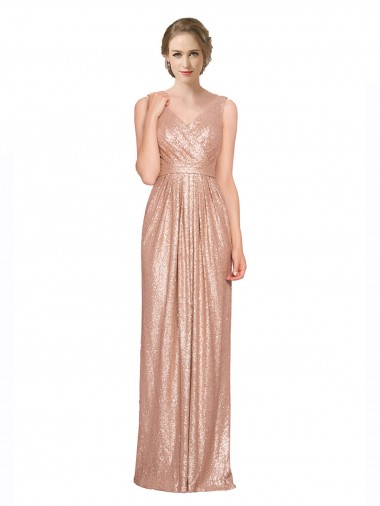 Site de Comprimento Chão Sem Mangas Lantejoulas Ouro Rosa Bainha Vestidos de Madrinha / Vestidos de Noite / Vestidos de Festa