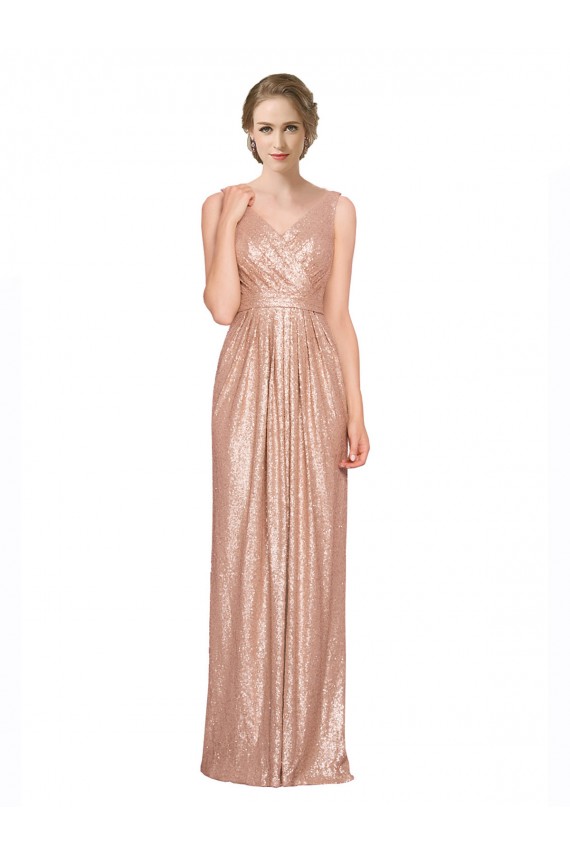 Site de Comprimento Chão Sem Mangas Lantejoulas Ouro Rosa Bainha Vestidos de Madrinha / Vestidos de Noite / Vestidos de Festa