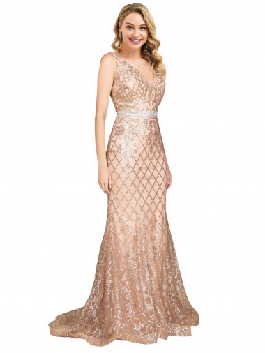 Site de Comprimento Chão Sem Mangas Lantejoulas & Lantejoulas Espumantes Ouro Rosa Sereia Vestidos de Madrinha / Vestidos de Noite / Vestidos de Festa