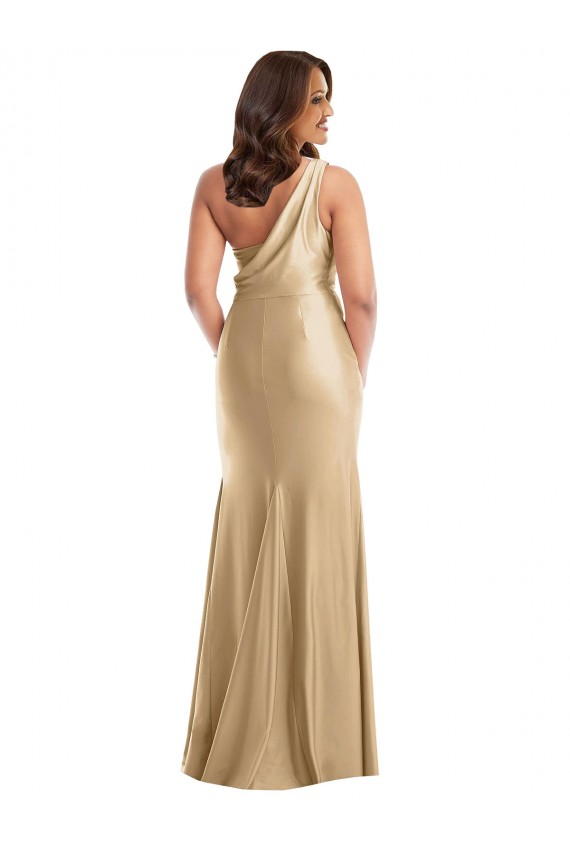 Site de Comprimento Chão Sem Mangas Cetim Sedoso Ouro Suave Sereia Vestidos de Madrinha / Vestidos de Noite / Vestidos de Festa