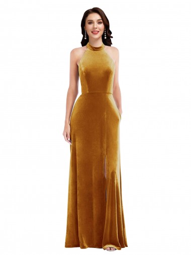 Site de Comprimento Chão Sem Mangas Veludo Elástico Ouro Trombeta Sem Mangas Vestidos de Madrinha / Vestidos de Festa