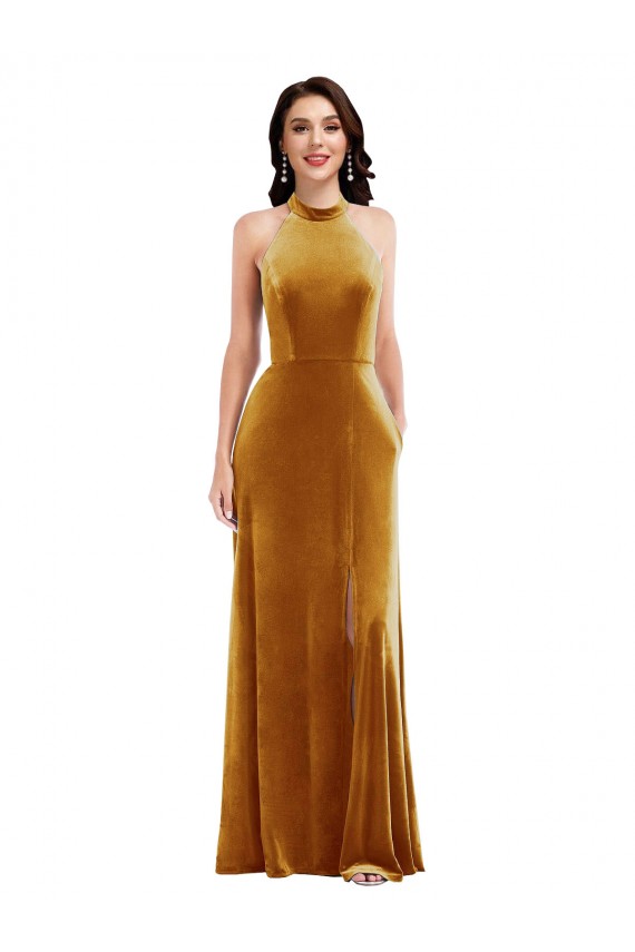 Site de Comprimento Chão Sem Mangas Veludo Elástico Ouro Trombeta Sem Mangas Vestidos de Madrinha / Vestidos de Festa