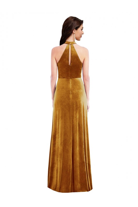 Site de Comprimento Chão Sem Mangas Veludo Elástico Ouro Trombeta Sem Mangas Vestidos de Madrinha / Vestidos de Festa