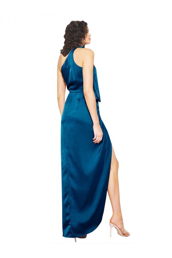 Site de Comprimento Chão Sem Mangas Cetim Sedoso Pavão Azul Bainha Vestidos de Madrinha / Vestidos de Noite / Vestidos de Festa