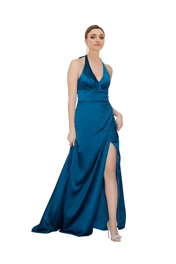 Site de Comprimento Chão Sem Mangas Cetim Sedoso Pavão Azul Linha A Sem Mangas Vestidos de Madrinha / Vestidos de Noite / Vestidos de Festa