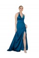 Site de Comprimento Chão Sem Mangas Cetim Sedoso Pavão Azul Linha A Sem Mangas Vestidos de Madrinha / Vestidos de Noite / Vestidos de Festa