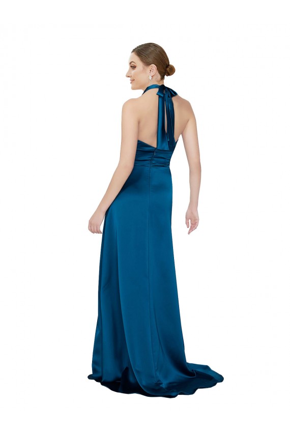 Site de Comprimento Chão Sem Mangas Cetim Sedoso Pavão Azul Linha A Sem Mangas Vestidos de Madrinha / Vestidos de Noite / Vestidos de Festa