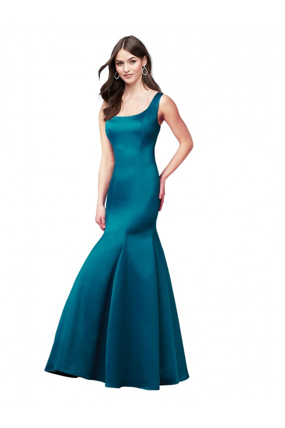 Site de Comprimento Chão Sem Mangas Cetim Pavão Azul Sereia Vestidos de Madrinha / Vestidos de Festa