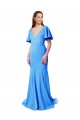 Site de Comboio Varredela Mangas Curtas Crepe Esticado Pavão Azul Sereia Vestidos de Madrinha / Vestidos de Festa