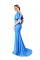 Site de Comboio Varredela Mangas Curtas Crepe Esticado Pavão Azul Sereia Vestidos de Madrinha / Vestidos de Festa