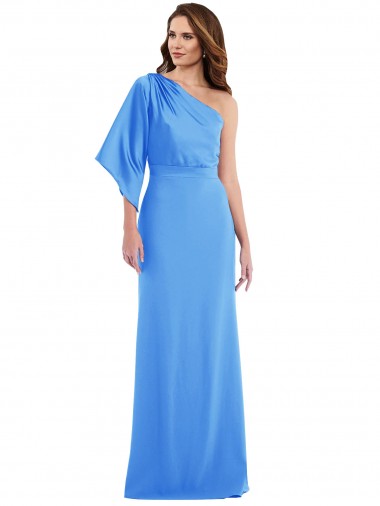 Site de Comprimento Chão Mangas Sino Crepe Esticado Pavão Azul Trombeta Vestidos de Madrinha / Vestidos de Festa