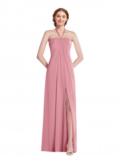 Site de Comprimento Chão Sem Mangas Chiffon Pele Rosa Linha A Vestidos de Madrinha