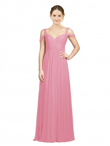 Site de Comprimento Chão Sem Mangas Chiffon Pele Rosa Linha A Sem Mangas Fora do Ombro Vestidos de Madrinha